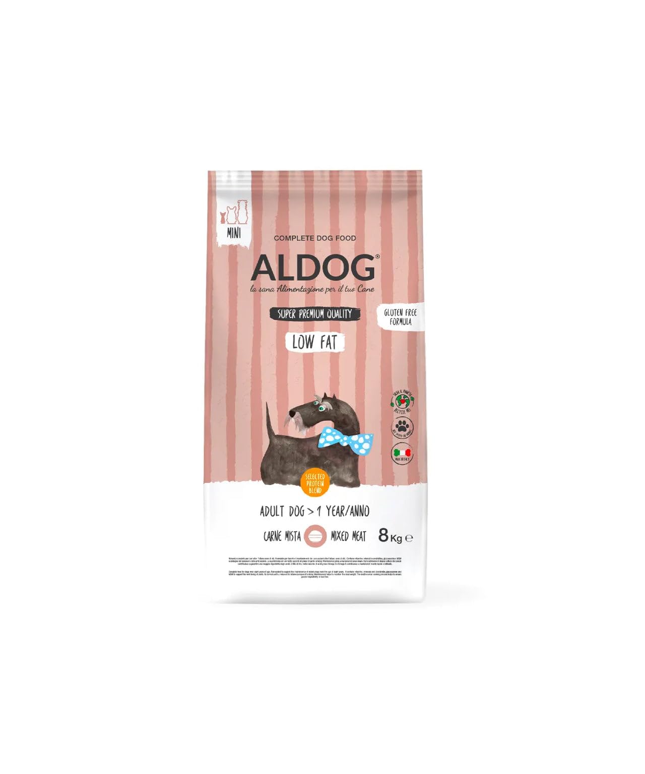 Cane Aldog Crocchette Multiproteiche per Cani, alimento per cani adulti anziani o in sovrappeso di tutte le razze, N. ALDOG LOW FAT Crocchette Mini gusto Carne Mista, 1 confezione da 8kg, 1x8kg.