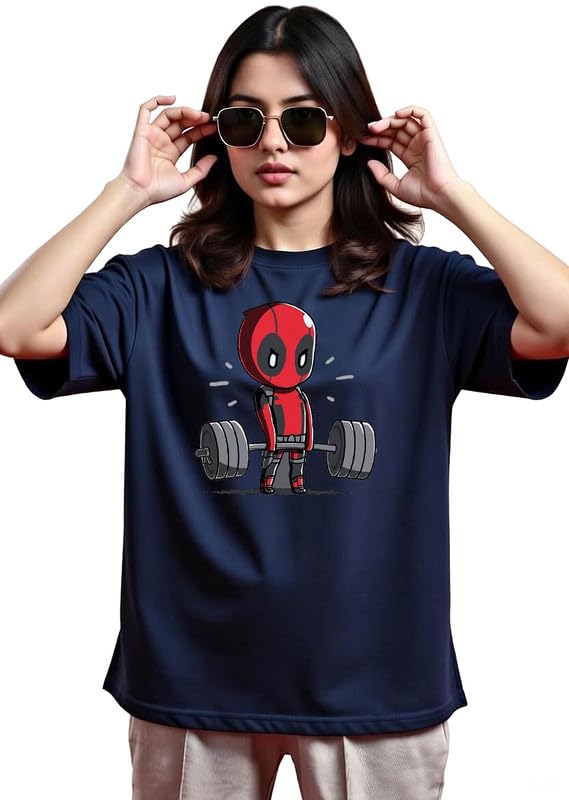 Women Oversized Cotton T-Shirt 180 GSM | Deadpool Weight Lifting Cartoon Print | Drop Shoulder Half Sleeve Casual Streetwear Tee-picture-21