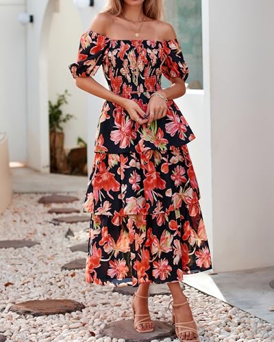 Image of BTFBM Womens Floral Smocked Summer Maxi Dresses | Square Neck Puff Short Sleeve Ruffle Tiered, 2026 Trendy Casual Sundress, Cruise Holiday Beach Vacation Wedding Guest Dress