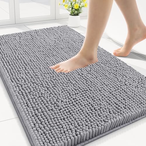 Smiry Luxury Chenille Bathroom Rugs 30x20, Extra Soft and Absorbent Shaggy Bath Mat, Machine Washable, Non-Slip Plush Carpet Runner for Tub, Shower, and Floor, Home Decor Accessories, Grey