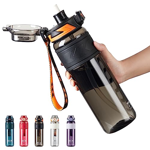 TKK Sports Water Bottles with Removable Straw 34 oz Leak-proof Flip Top Lid BPA Free Tritan Bottles with Strap for School, Fitness, Gym, Outdoor, Black