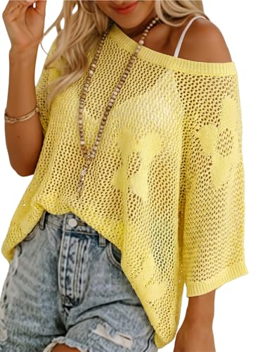 Image of Dokotoo Womens Floral Fashion Summer Tops 2026 Short Sleeve Crochet Sweaters Swimsuit Cover Ups Lightweight Knit Pullover