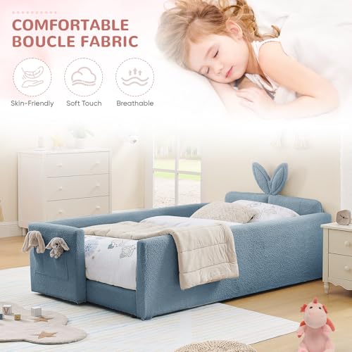 Image of Twin Size Kids Bed with Rabbit Ear Headboard, Upholstered Boucle Fabric Twin Daybed with Slats Support & Side Pockets, Space-Saving Wooden Corner Sofa Couch Bed Frame for Girls, Boys, Teenager(Blue)