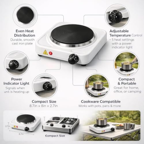 Image of Portable Electric Hot Plate 1000W Single Burner Compact Stove with Adjustable Temperature Control, Lightweight Cooking Plate for Travel, Office, Hostel, Camping & Quick Heating