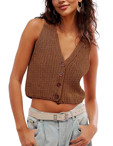 Image of SKIKYAN Womens Casual Knit Sweater Vest Button Down Sleeveless Crochet Crop Short Cardigans(Brown-XS)