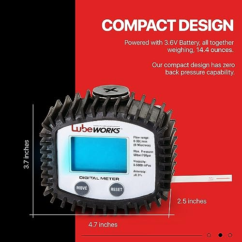 Lubeworks Oil Control Meter Digital 1-35lpm / 1-10gpm Heavy Duty 3V Batter Powered for Motor, Synthetic Hydraulic, Gear Oil, Transmission Fluid in Liter, Gallon, Pint and Quart (Meter Only)