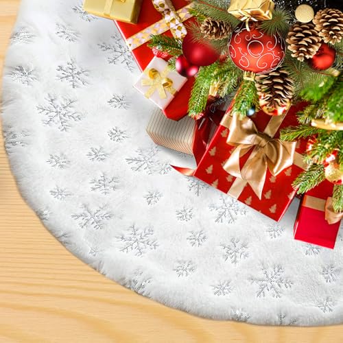 XIMEY Falda Arbol Navidad, 90cm Bonita Base Arbol de Navidad, Suave Manta para Arbol de Navidad, Cubre Pie Arbol de Navidad, Alfombra Arbol de Navidad, Falda de Arbol de Navidad de Felpa (Plata)