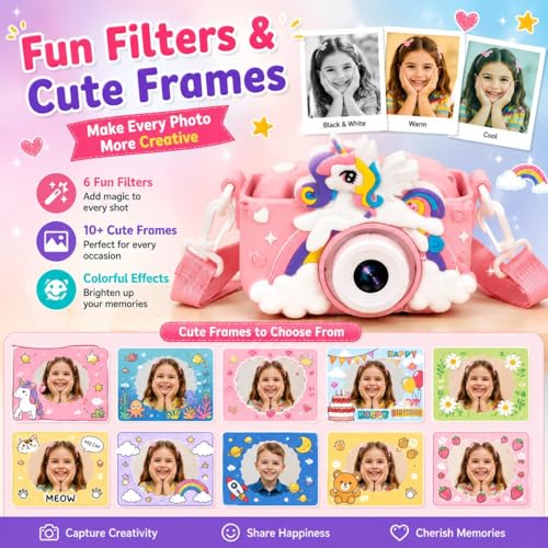 Image of Brand Conquer Kids Camera for Girls with Unicorn Design, HD Digital Camera for Children Age 3-10, Rechargeable Mini Toddler Camera with 2.4 inch IPS Screen, Selfie, Video Recording, Games & Strap (Pink)