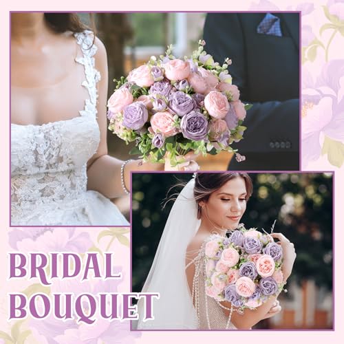 Image of 8 Pack Pink, Purple Peonies Artificial Flowers, Fake Silk Hydrangea Bouquet for Bridal Wedding Home Table Decor Reusable Dining Opening Ceremony Birthday Arrangement Faux Floral