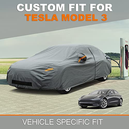 Image of Kayme Heavy Duty Car Cover Waterproof All Weather, Custom Fit for Tesla Model 3, Outdoor Full Exterior Cover with Charging Port and Breathable Ventilation Mesh, Rain Sun Protection.