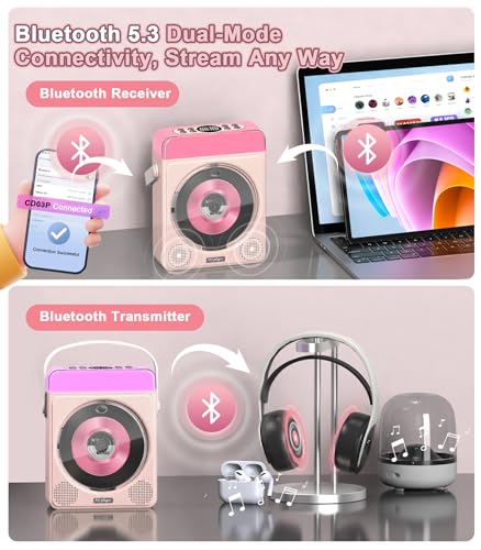 Image of Greadio Portable Bluetooth CD Player with 2 Karaoke Microphones & Lights | 4000mAh Rechargeable, Kids Karaoke Machine for Home, Outdoor, Parties, Simple Controls, Remote, CD /USB /TF /AUX Playback (Pink
