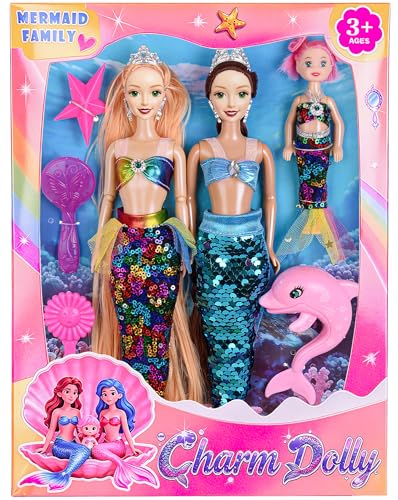 11.5 inch Mermaid Dolls Set with Accessories - Two Princess Dolls One Small Girl Doll a Dolphin Toy One Star Toy Two Comb- Summer Water Pool Play Birthday Gift for Kids 3+