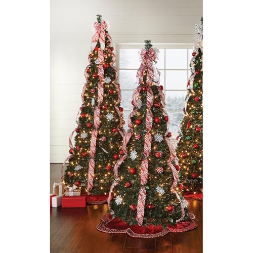 BrylaneHome 6 Ft Fully Decorated Pre-Lit Pop-Up Christmas Tree with 350 Warm Lights & Included Stand, Collapsible, Easy Assembly - Red White