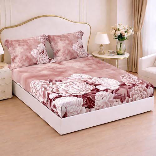 Image of Cloth Fusion Glace Cotton Elastic Fitted Bedsheet King Size with 2 Pillow Covers (78X72 inches, Dusky Rose)