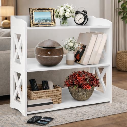 Image of White Bookshelf, Small Bookshelf for Small Spaces, White Bookcase for Bedroom, Small Book Shelf Bedroom, Living Room and Office (White, 3 Tier)