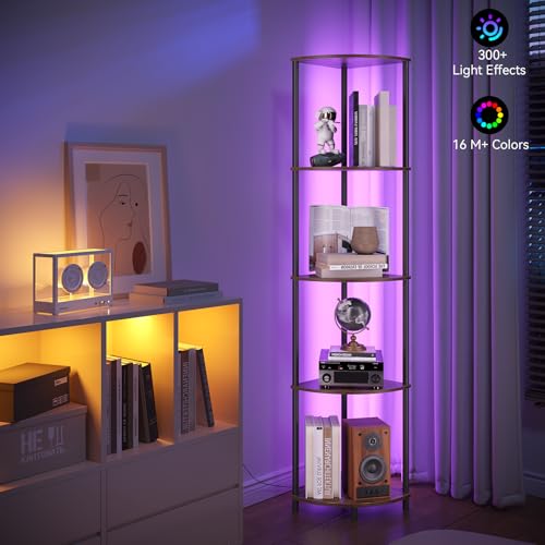 Image of SUNMORY 5 Tier Corner Shelf with LED Light, Industrial 65 inch Corner Shelves | Wall Corner Bookshelf, Display Shelf for Living Room Decor, Multi Unit Organizer, Tall Shelf Plant Stand for Bedroom Bathroom