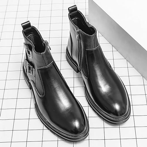 SYNTHESIS Men's Leather Platform Chelsea Ankle Boots,Fashion Bukle Strap Side Zipper High Top Dressy Booties,Casual Non-slip Motorcycle Combat Boots4