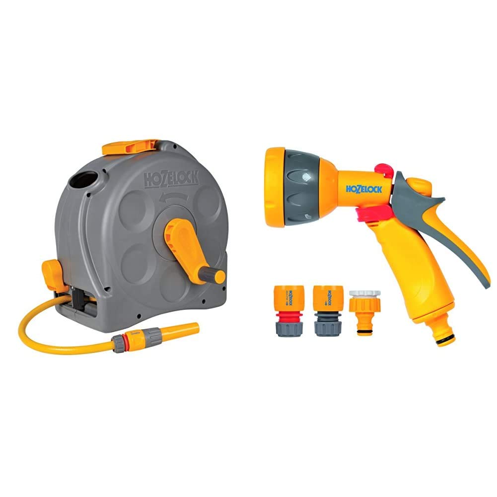 HozelockCompact 2in1 Reel with 25m Hose & Multi Spray Watering Gun Starter Set