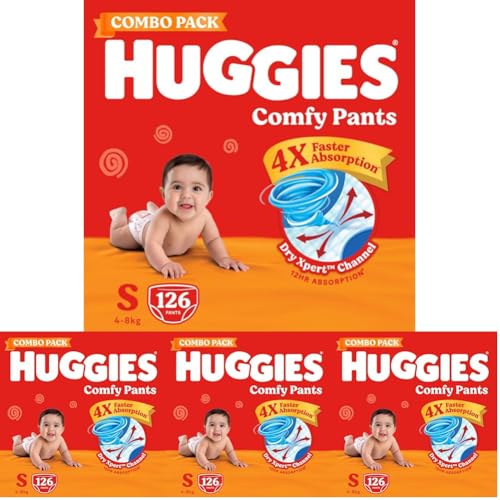 Image of Huggies Comfy Pants Baby Diaper, Small (S) Size (4-8Kgs), Pack of 504 (42 count, Pack of 3)