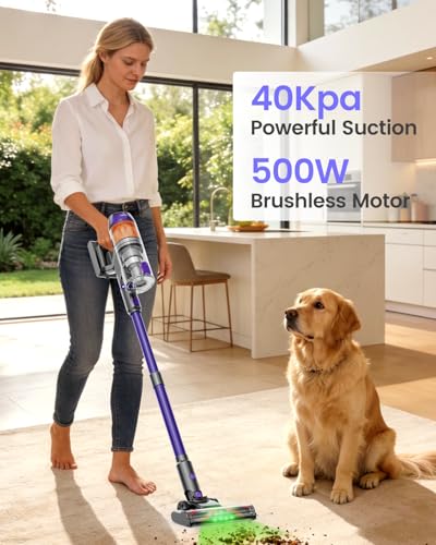 Image of Cordless Vacuum Cleaner,500W 40KPa 120Mins Runtime with 2 Batteries,Anti-Tangle Stick Vacuum with Green Light,Rechargeable Wireless Vacuum for Pet Hair /Carpet /Hardwood Floor,Purple