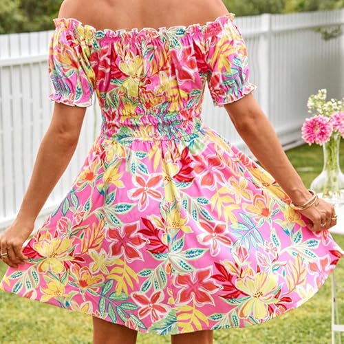 Image of Womens Summer Boho Dress Off-Shoulder Floral Mini Pleated Skirt Beach Vacation