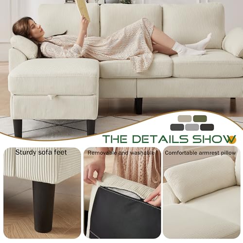 Image of 3 Pieces Corduroy Sofa Set for Living Room with Sofa, Storage Ottoman and Single Chair