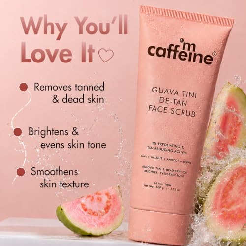 Image of mCaffeine Guava Tini De-Tan Face Scrub | 5% Physical & Natural Exfoliants | De-Tanned, Smoother Skin | Pore Cleansing | Removes Blackheads | AHAs - Glycolic & Lactic Acid | Walnut & Apricot | For Women & Men | Suitable for All Skin Types - 100g