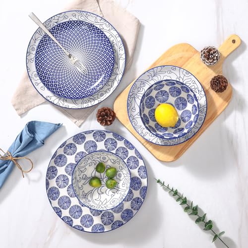 Image of Selamica Ceramic Plates and Bowls Sets,12 Pieces Dinnerware Sets for 4,Scratch Resistant Dish Set,Dishwasher & Microwave Safe, Vintage Blue