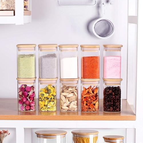 Image of 270 ml Glass Jars with wooden lid Glass Jar set food storage containers Borosilicate Glass Jar Set /Suit for Sugar, Salt, Coffee, Tea, and Other Dry Food Storage (270ML SQUARE JAR, 6 PCS)
