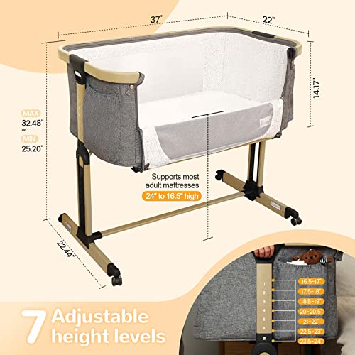 Li’l Pengyu Bedside Bassinet For Baby, Adjustable Baby Bassinets Bedside Sleeper With Cotton Mattress,Tool-Free Assemble Portable Rolling Cribs With Travel Bag Large Breathable Mesh (Yellow) #TOP1