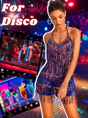 Image of Kaei&Shi Sequin Fringe Romper,Sparkly Glitter Metallic Jumpsuits For Women,Backless Shorts Dress Disco Birthday Dance Outfit