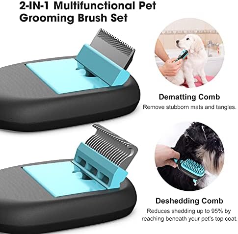PewinGo Dog Grooming Brush 5-in-1, Cat Brush, Pet Rake Comb for Long and Short Hair, for Grooming, Shedding Undercoat and Dirt. Slicker + Bristle + Bath Brushes and Deshedding + Dematting Combs