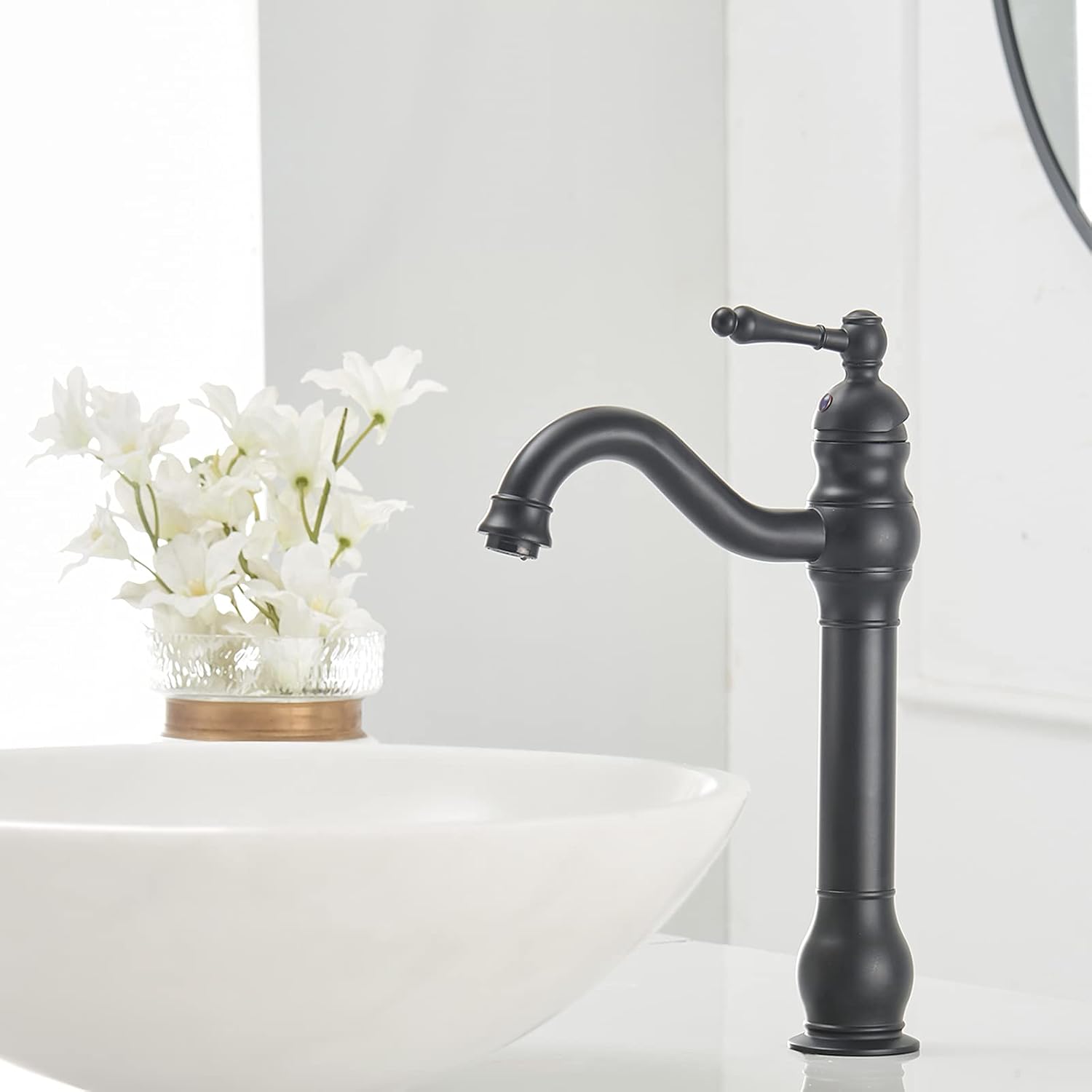 Black Vessel Sink Faucet Tall Farmhouse Single Hole Single Handle Vanity Lavatory Matte 360° Swivel for Bathroom with Pop Up Drain Without Overflow
