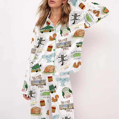 It's A Beaut Clark Christmas Vacation Allover Print Lounge Sleep Pajama Set, Griswold Christmas Griswold Co Set, Christmas Tree Farm White2