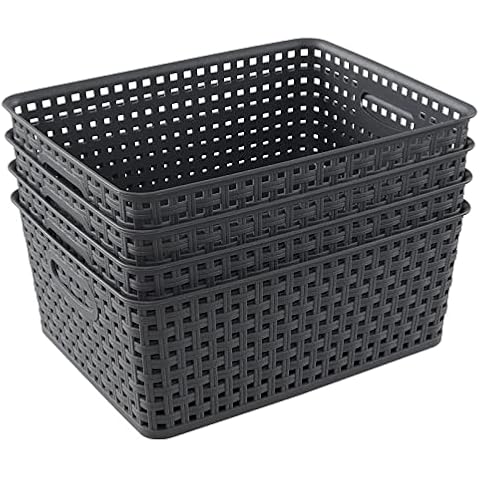 Dynko Woven Organizer Basket Box, Grey Plastic Storage Baskets Set of 4 Cover
