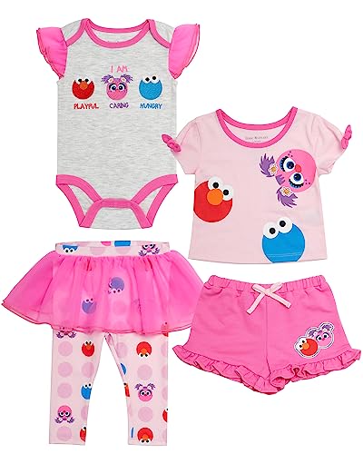 Sesame Street baby-girls 4 Piece Set - Short Sleeves T-shirt, Legging Pants With Tutu Skirt, Onepiece Bodysuit, Shorts