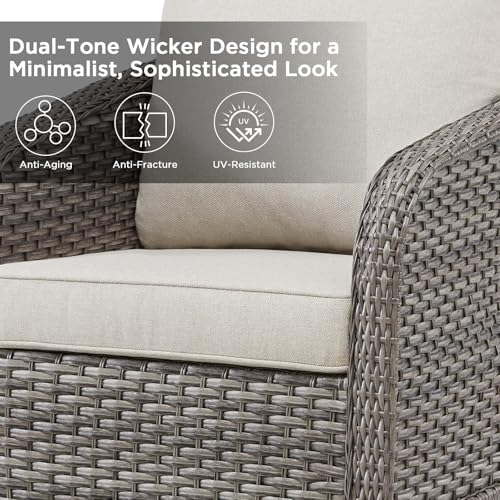 Belord 73\" Wicker 3-seat Patio Sofa Couch, All Weather Outdoor Rattan Wicker Sofa High Back Couch with Wide Armrest, Comfy Cushion, Patio Conversation Set for Deck Backyard Garden(Grey/Beige) - Thumbnail 5