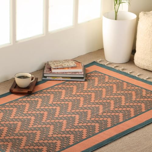 Image of Peepul Tree Handmade Pure Cotton Rugs for Living Room | Multipurpose Carpet for Hall, Bed Room and Corridor | Floor Rugs | Sustainable Dhurrie Rugs | 3x5ft | Teal and Coral | Chintz Collection