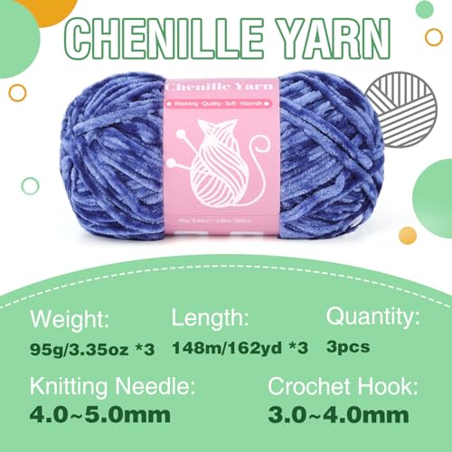 Image of LUNARM Chenille Velvet Yarn for Crocheting Knitting, 3 Pack of 100g /3.5oz Velvet Yarn for Crocheting & Knitting, 486 Yard Soft Yarn for Making Creations & Crochet & More (Denim Blue)