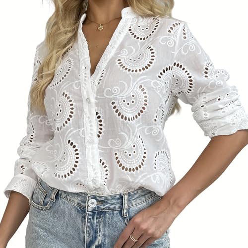 FENGQIYUNHAI Women's Dressy Causal Tops Long Sleeve V Neck Eyelet Cute Button Down Shirts for Women Blusas Casuales De Mujer Bonitas White