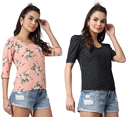 Image of POPWINGS Casual Floral Printed Round-Neck Puff-Sleeves Tops Combo for Women