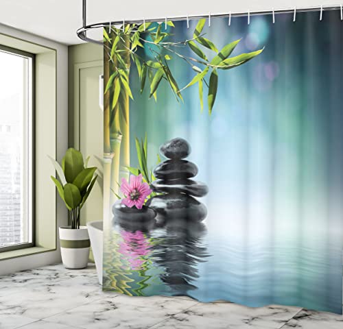 ABAKUHAUS Spa Shower Curtain, Tower Stone and Hibiscus with Bamboo on the Water Blurry Background, Cloth Fabric Bathroom Decor Set with Hooks, 94 Inches, Petrol Blue Lime Green - Image 4
