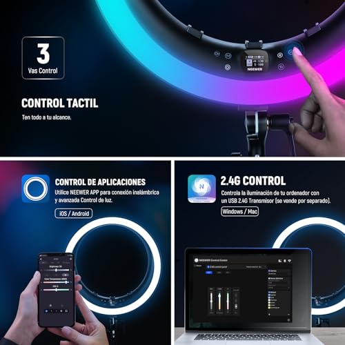 NEEWER 19" Anillo de Luz LED RGB con Soporte, 3 Soportes para Teléfono, Panel Táctil, 2.4G/App Control, 42W CRI97+ 2800lux/0.5m 360° Hue Regulable Iluminación para Transmisión en Vivo Zoom, RP19C - imagen 2