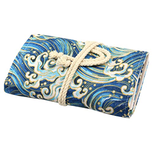 Image of Canvas Pencil Wrap Case, 48 Holes Colored Pencil Roll Holder Storage Pouch for Office (48 Holes, Blue)