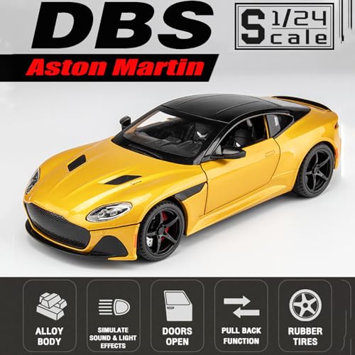 Image of DEUSON ECOM 1:24 Big Aston Martin Toy Car Diecast Model Alloy Diecast Metal Cars with Sound Light Pullback Openable Door Toy Car for Kids Best Gifts Toys for Boys, Yellow