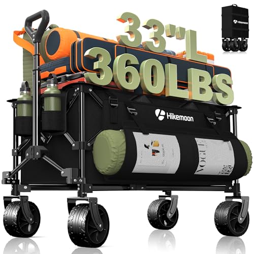 Hikemoon 150L Collapsible Wagons Carts Foldable, 360LBS Heavy Duty Folding Beach Cart with Big All-Terrain Wheels, Portable Utility Wagon for Grocery, Shopping, Garden, Sports, Camping, Black