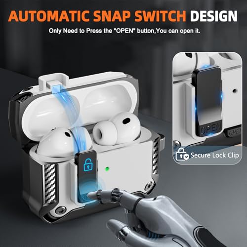 Image of for AirPods Pro 3 Case with Lock & Phone Stand(White) | Automatic Snap Switch Lock,Carbon Fiber Texture Design Cover with Cleaner Kit