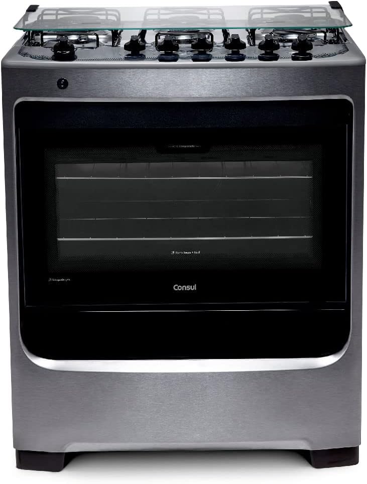 Fogão Consul 6 bocas cor Inox com botões removíveis e vidro interno...