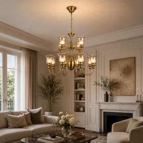 Image of Luxury Italian Chandelier Light, 12-Light Champagne Glass, Brass Finish for Dining Hall, Drawing Room, Lobby, Hall, Cafe, Hotel with Filament Bulbs, Gold