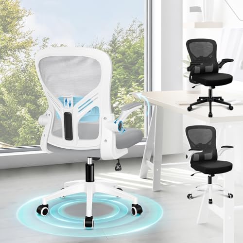 ALFORDSON Silla de Oficina de Malla con Soporte Lumbar, Asiento de Espuma de Alta Resiliencia, Ajuste Inclinable, Reposabrazos Abatibles, Ruedas Silenciosas, 180kg, Keldon, Blanco y Gris